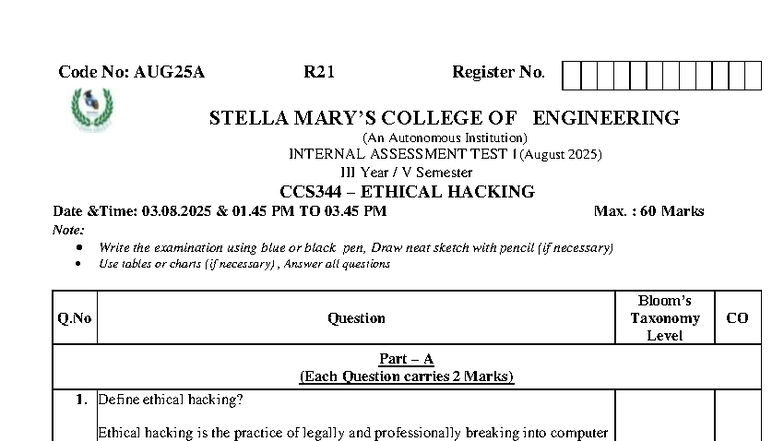 AUG25A R21 Internal Assessment Test 1 Answer Key - CCS344 Ethical ...