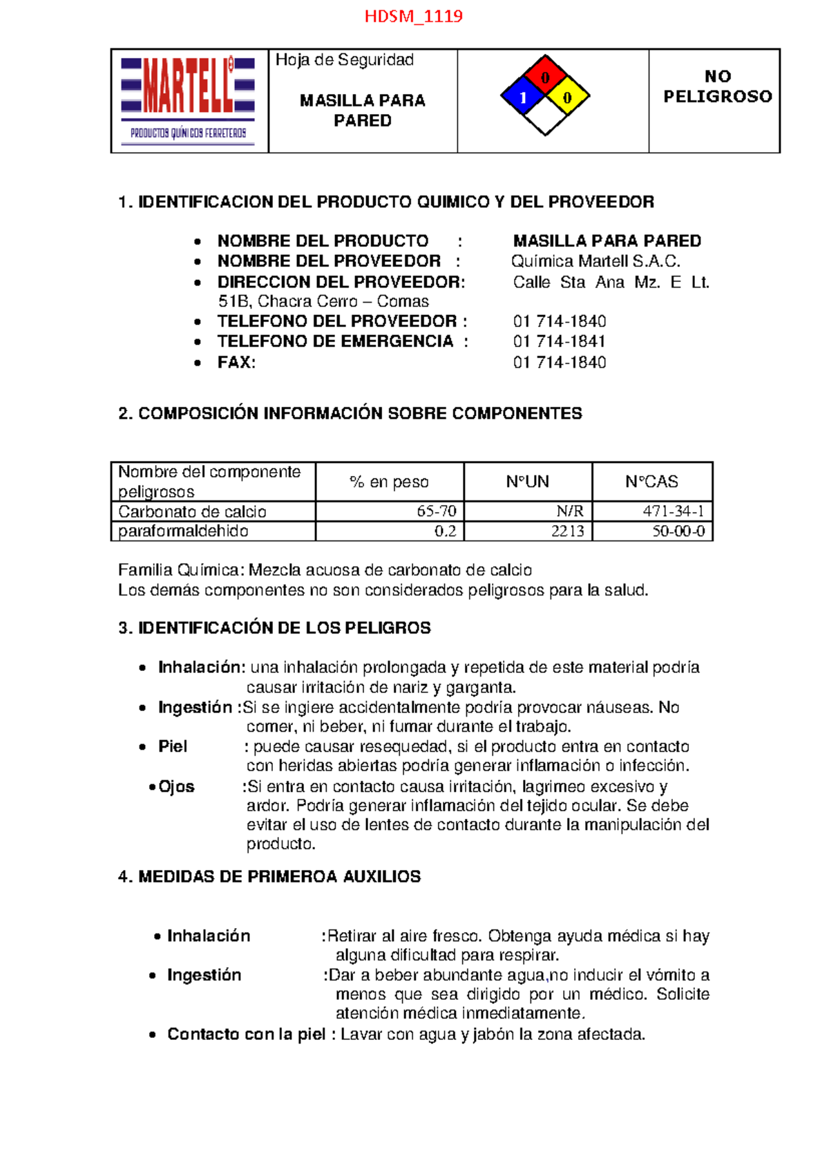 Hoja de Seguridad: Masilla para Pared No Peligroso - Documento 222 - Document Preview