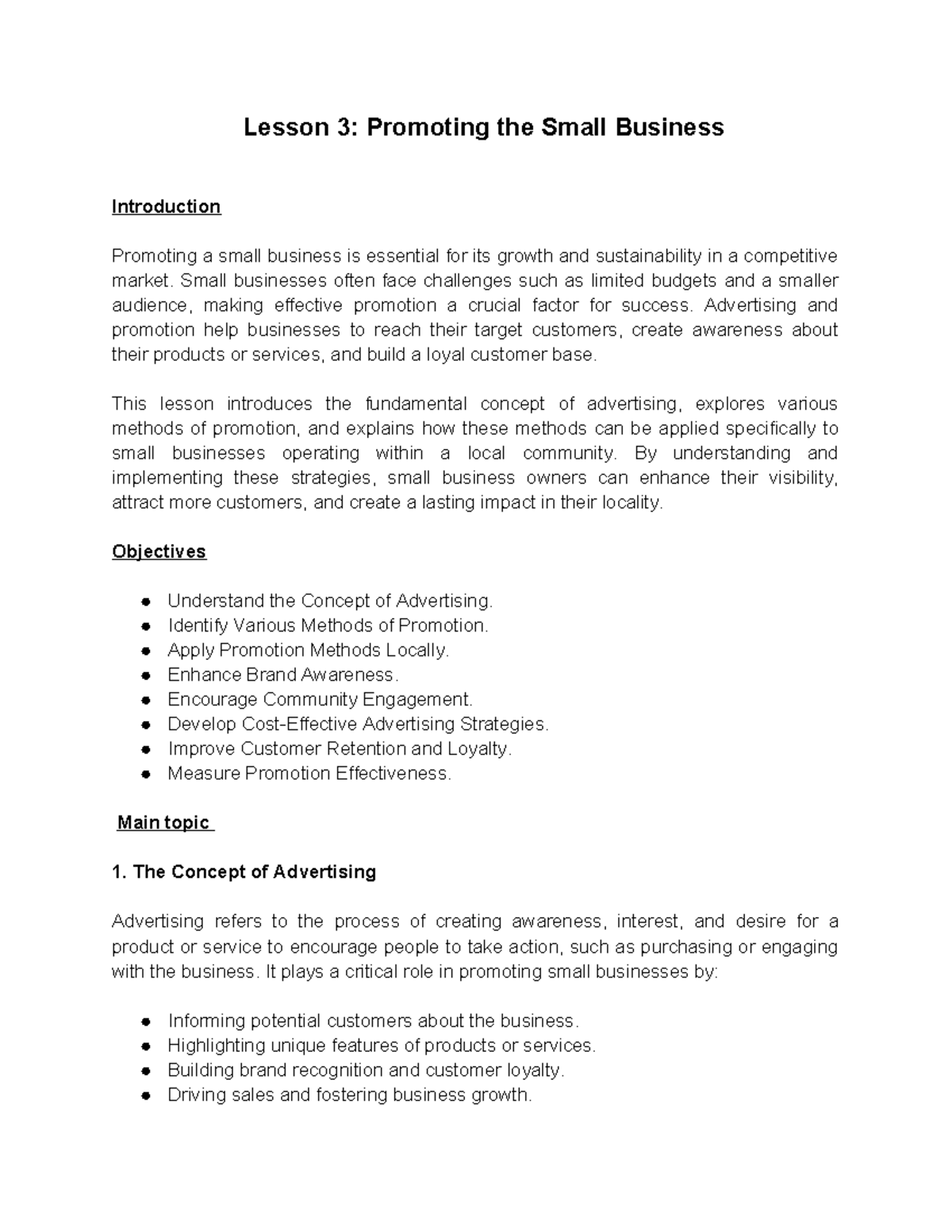 Lesson 3: Promoting Small Business Strategies for Growth and Success ...