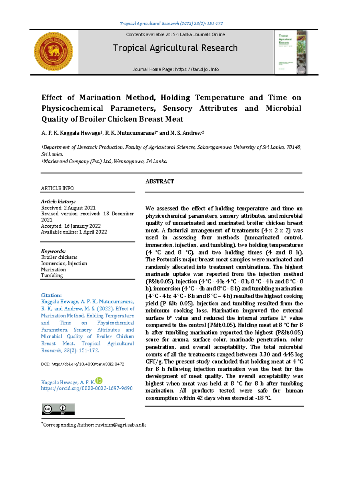 Effect of Marination Method and Temperature on Broiler Chicken Quality ...
