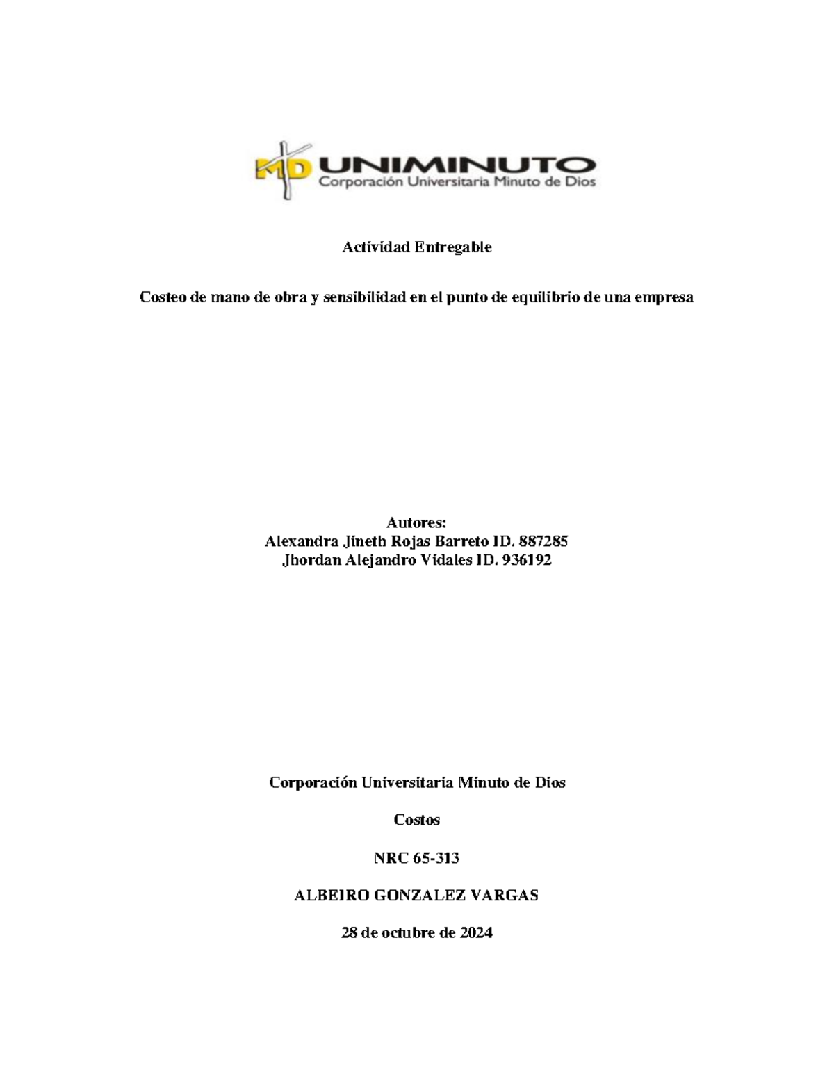 Actividad 2: Costeo de Mano de Obra y Punto de Equilibrio - NRC 65-313 - Document Preview