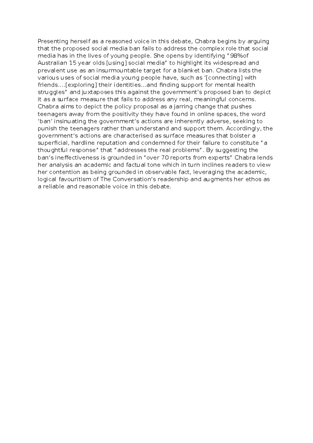 The Conversation - Social Media Ban Analysis (Sample Paragraph) - Studocu