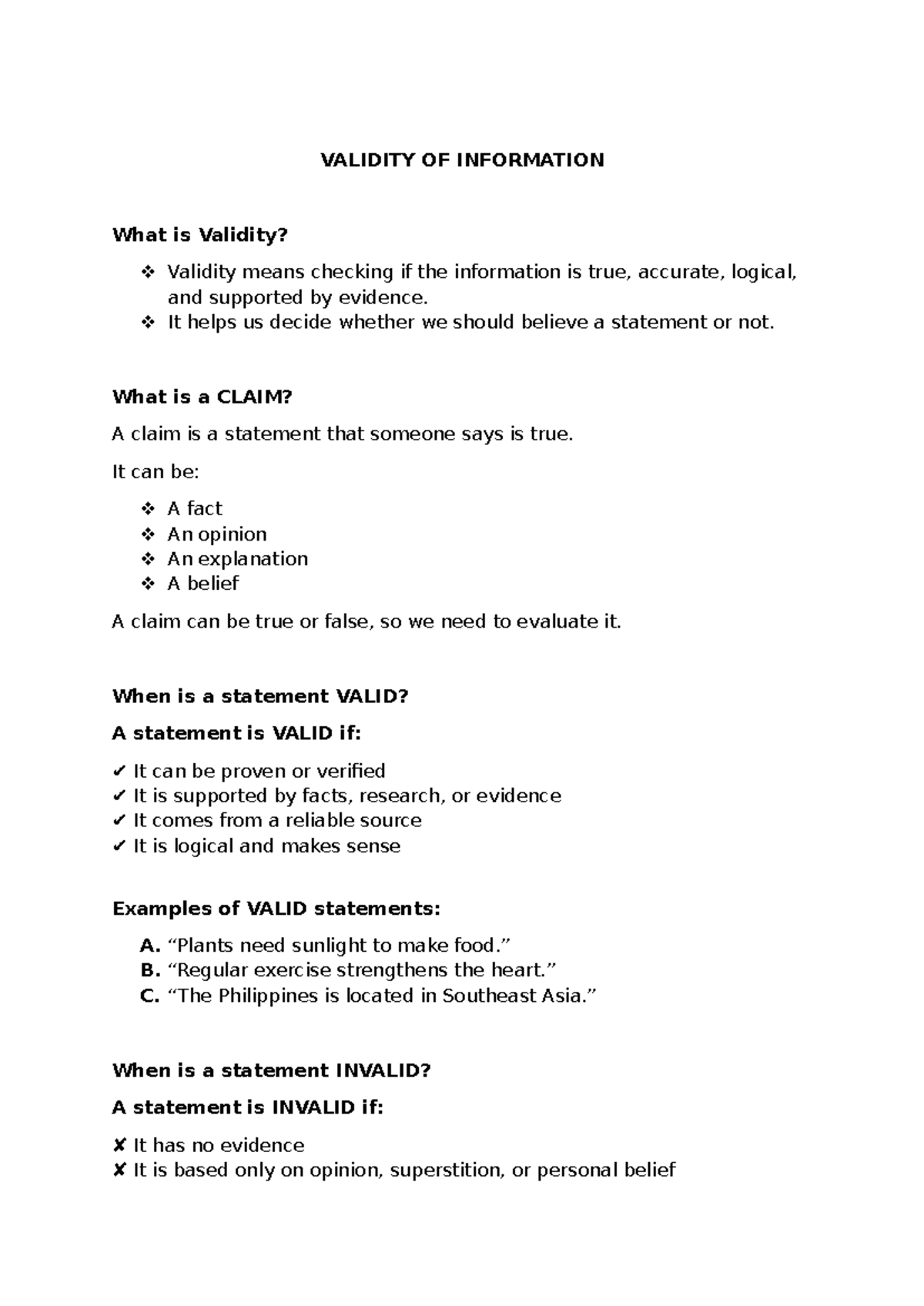 VALIDITY OF INFORMATION: Understanding Claims and Evidence - Studocu