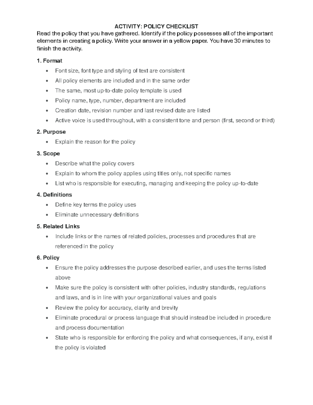 Policy-Checklist - The process of policy making. - ACTIVITY: POLICY ...