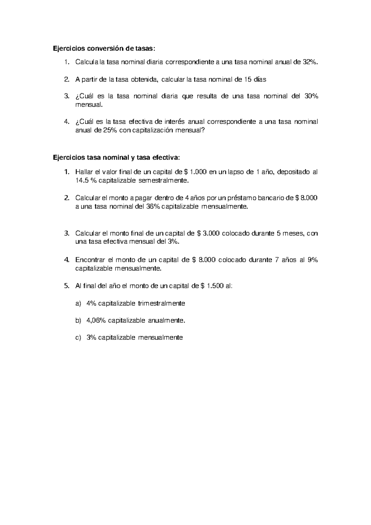 Ejercicios de Conversión de Tasa - Tasa Nominal y Efectiva - Studocu