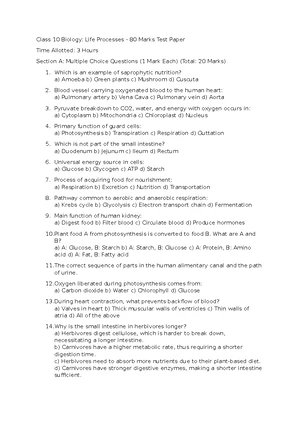 MCQs Class 10 Science: Life Processes Test Questions - Studocu