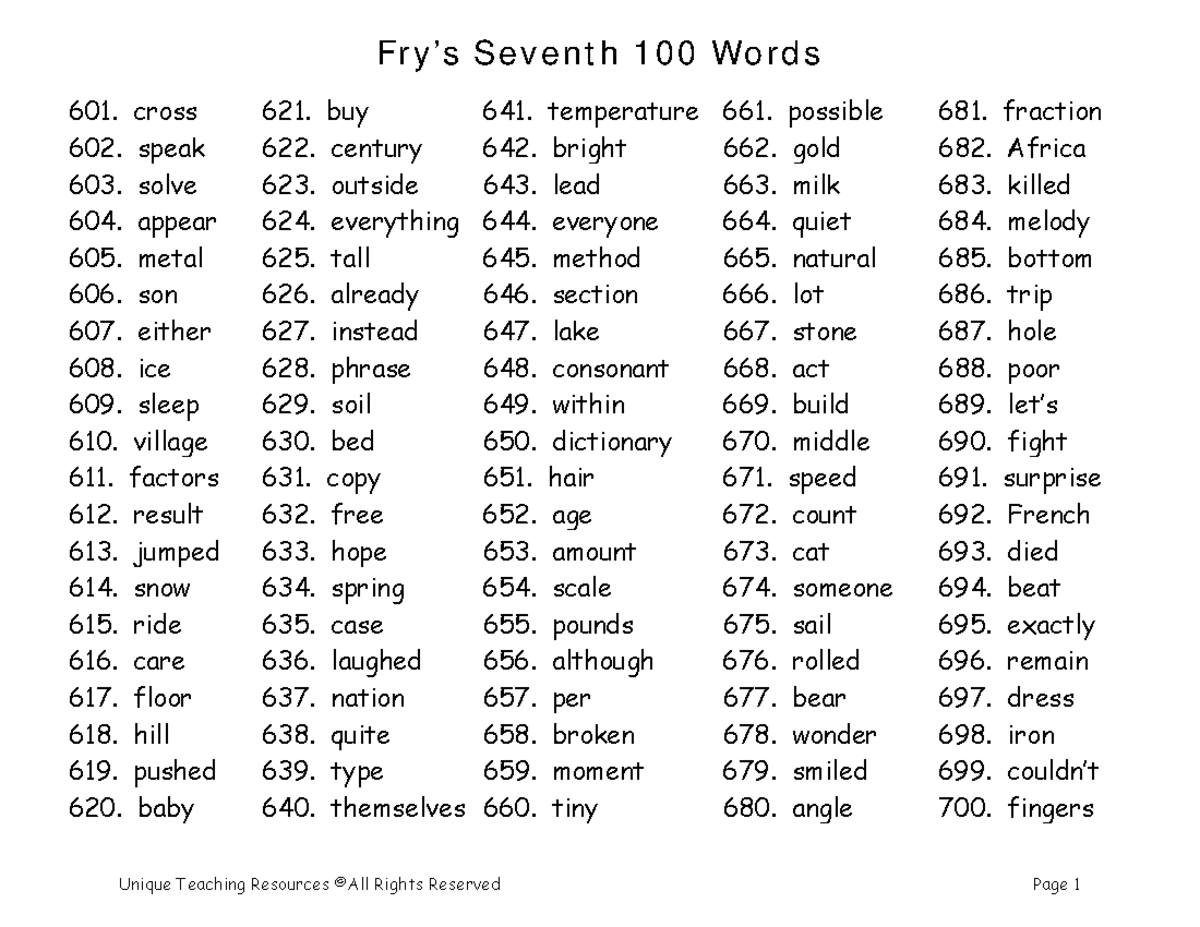 Seventh 100 Words - ESL Practice Material for Young Learners - Studocu