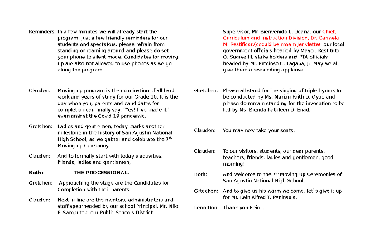 Script for the 7th Moving Up Ceremony - San Agustin National HS - Studocu