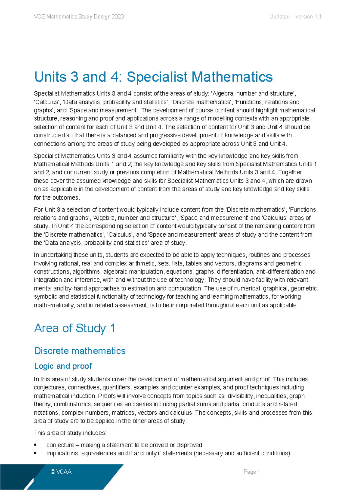 VCE Mathematics Study Design 2023: Units 3 & 4 Specialist Mathematics ...