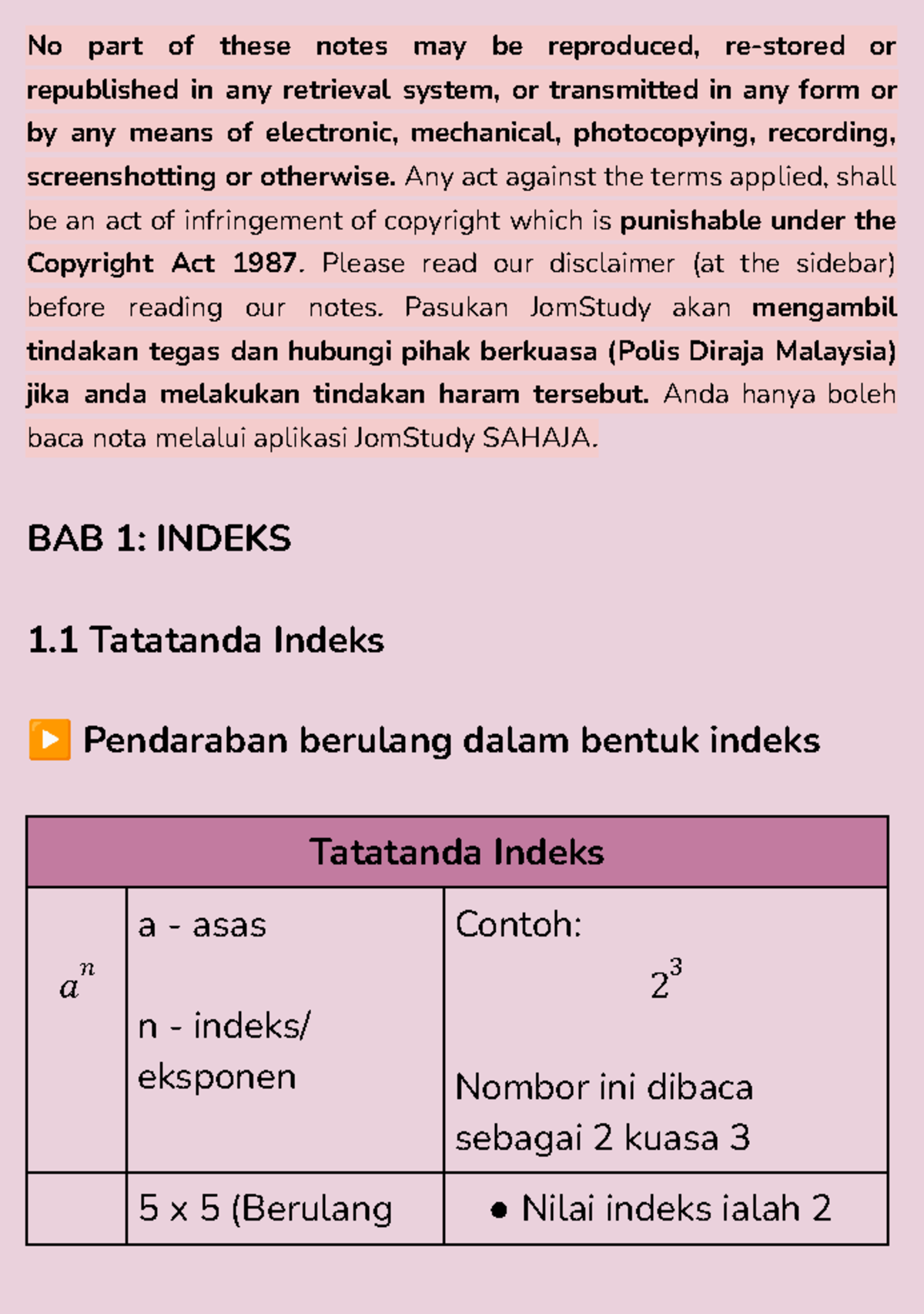 T3B1 - Nota Pendaraban dan Pembahagian Indeks Tingkatan 3 - Studocu