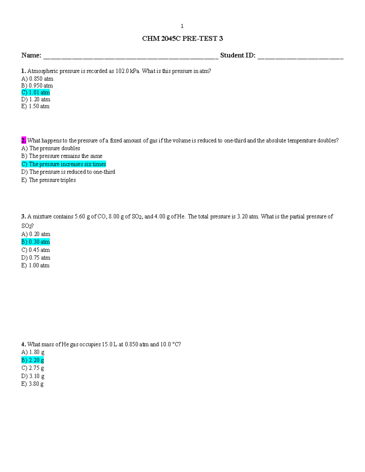 3 CHM 2045C Practice Test 3: Gas Laws and Thermodynamics - Studocu