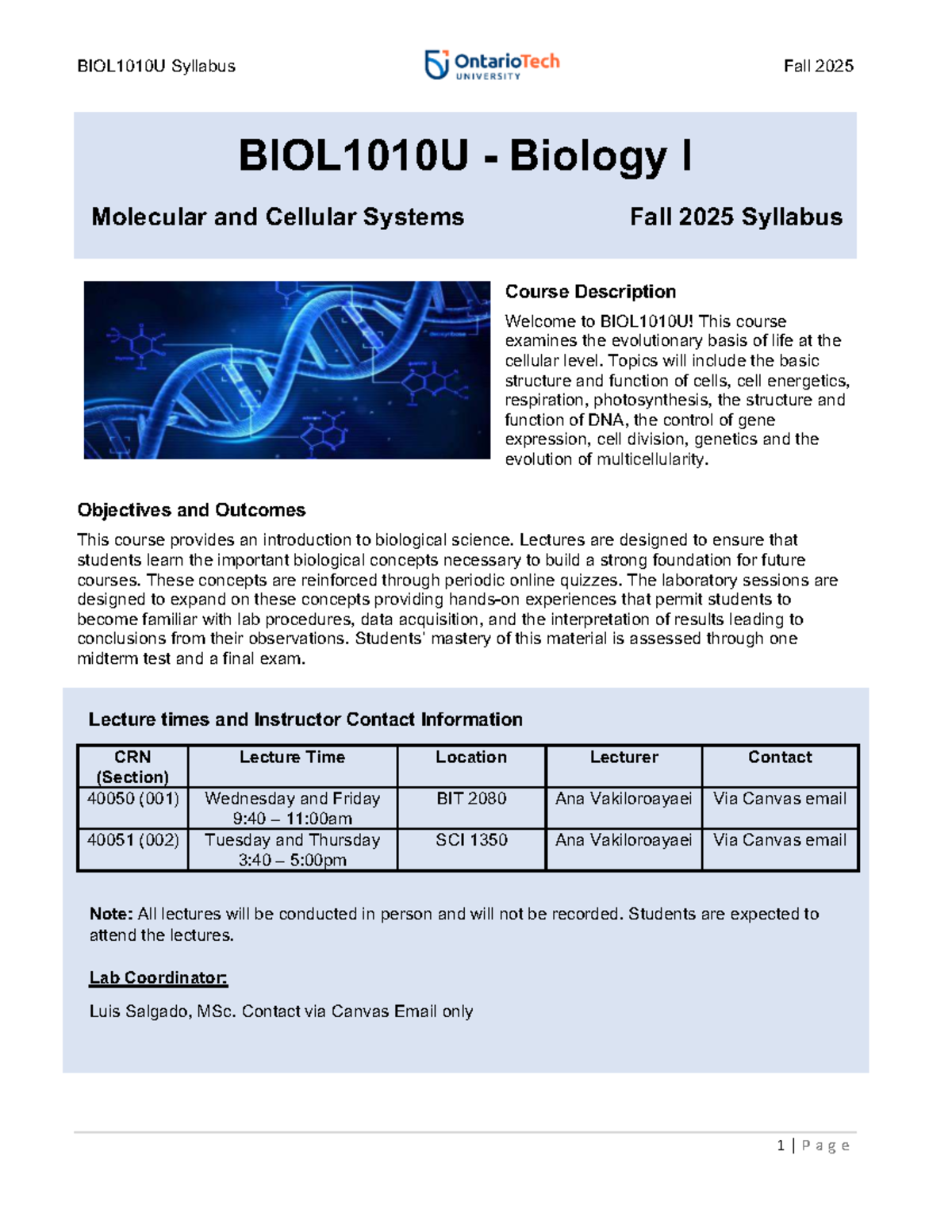 BIOL1010U Syllabus Fall 2025: Biology I Molecular & Cellular Systems ...