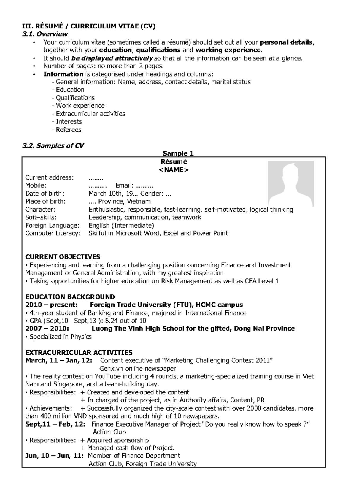 7 Resume - abc - III. RÉSUMÉ / CURRICULUM VITAE (CV) Overview Your ...