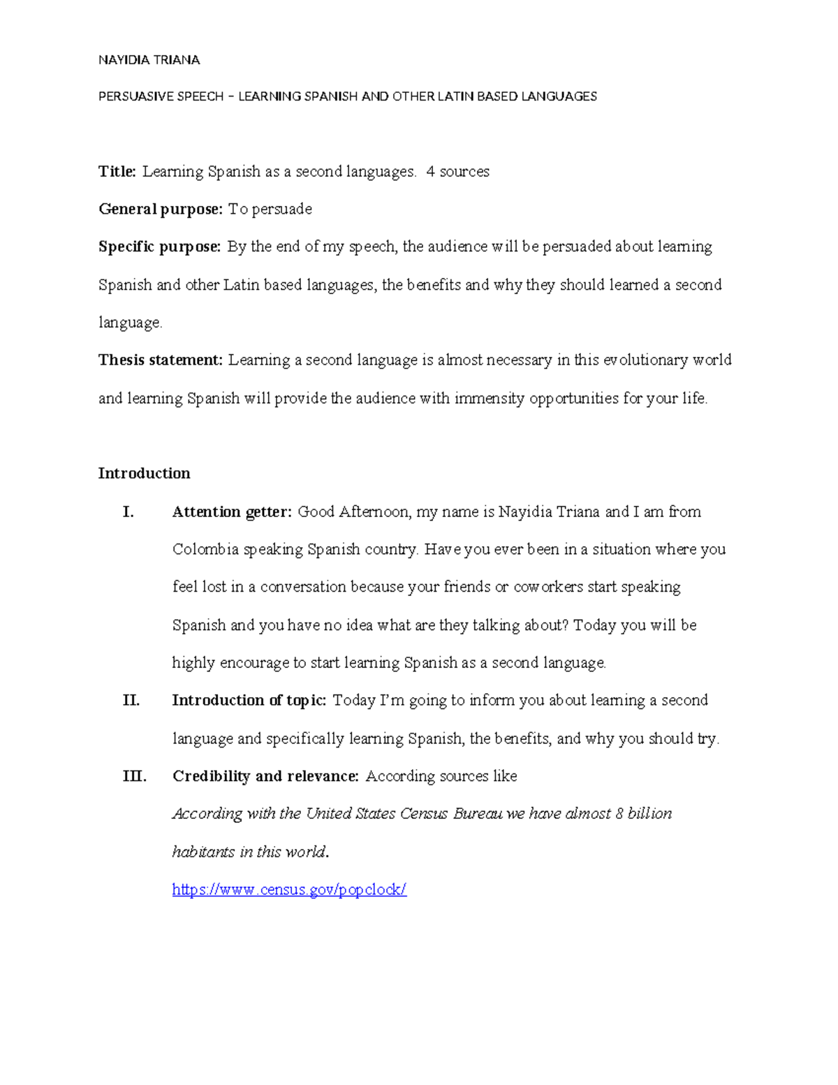 Persuasive Speech Outline: Benefits of Learning Spanish (Work in ...