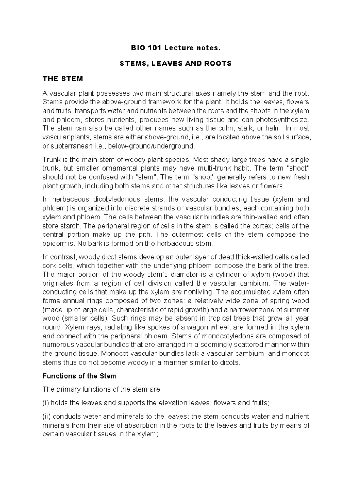 BIO 101 Lecture Notes: Stems, Leaves, and Roots Overview - Studocu