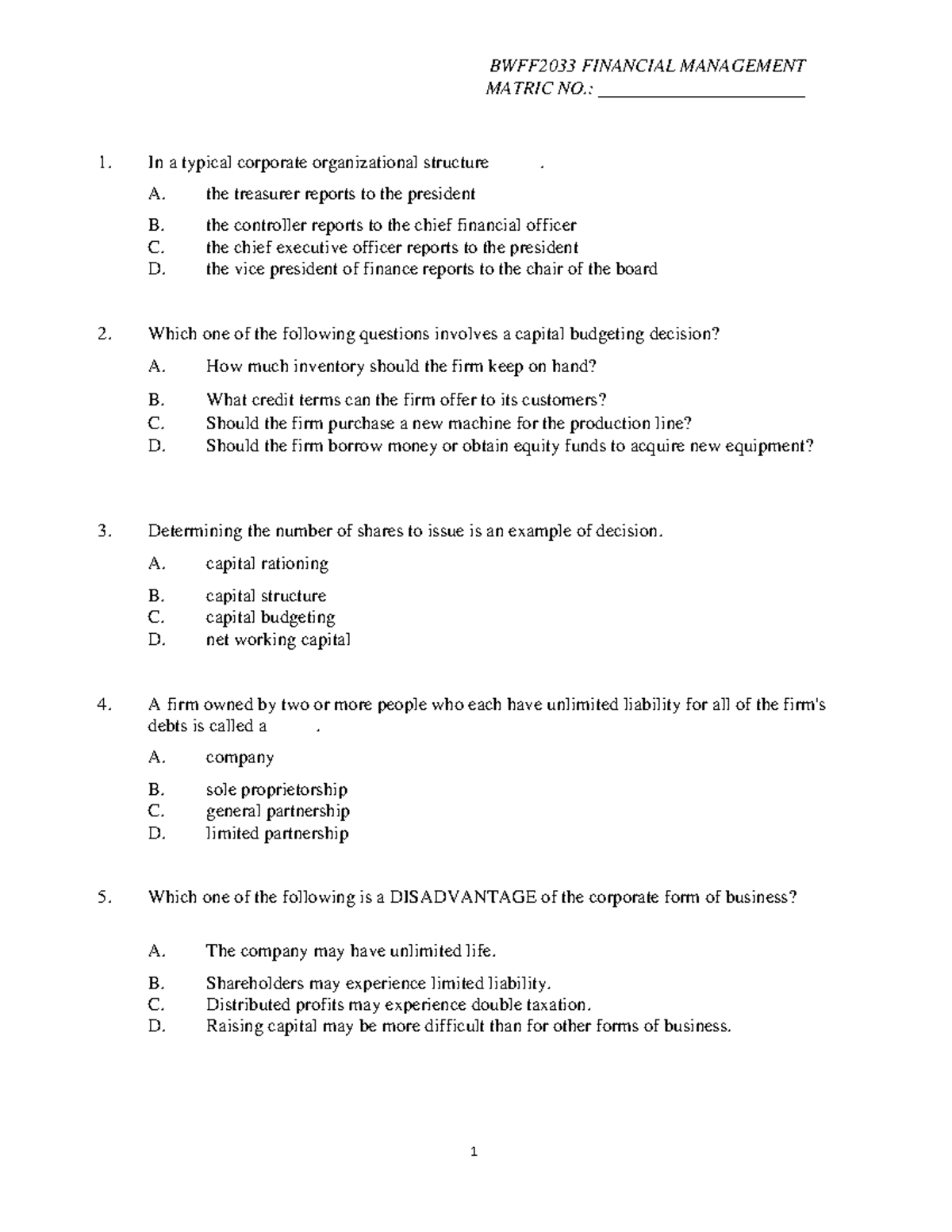 BWFF2033 FINANCIAL MANAGEMENT MIDTERM TEST QUESTIONS - Studocu