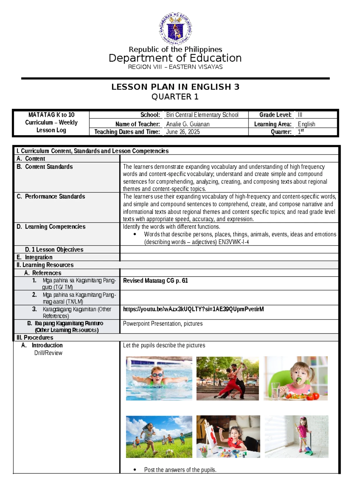 Q1 - Filipino 3 Lesson Plan: Salitang Kilos (Week 2) - Studocu