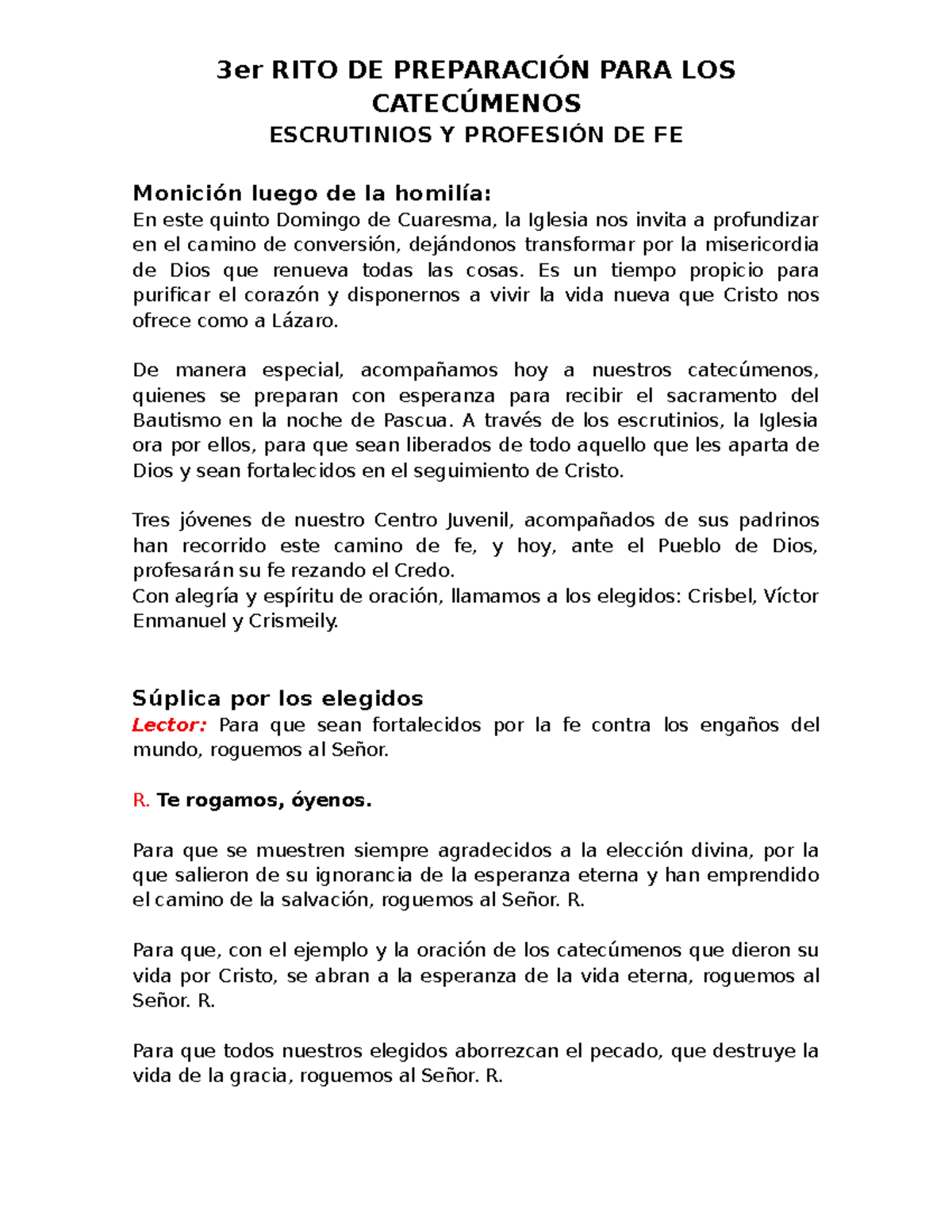 3er RITO DE PREPARACIÓN PARA CATECÚMENOS: Escrutinios y Fe - Studocu