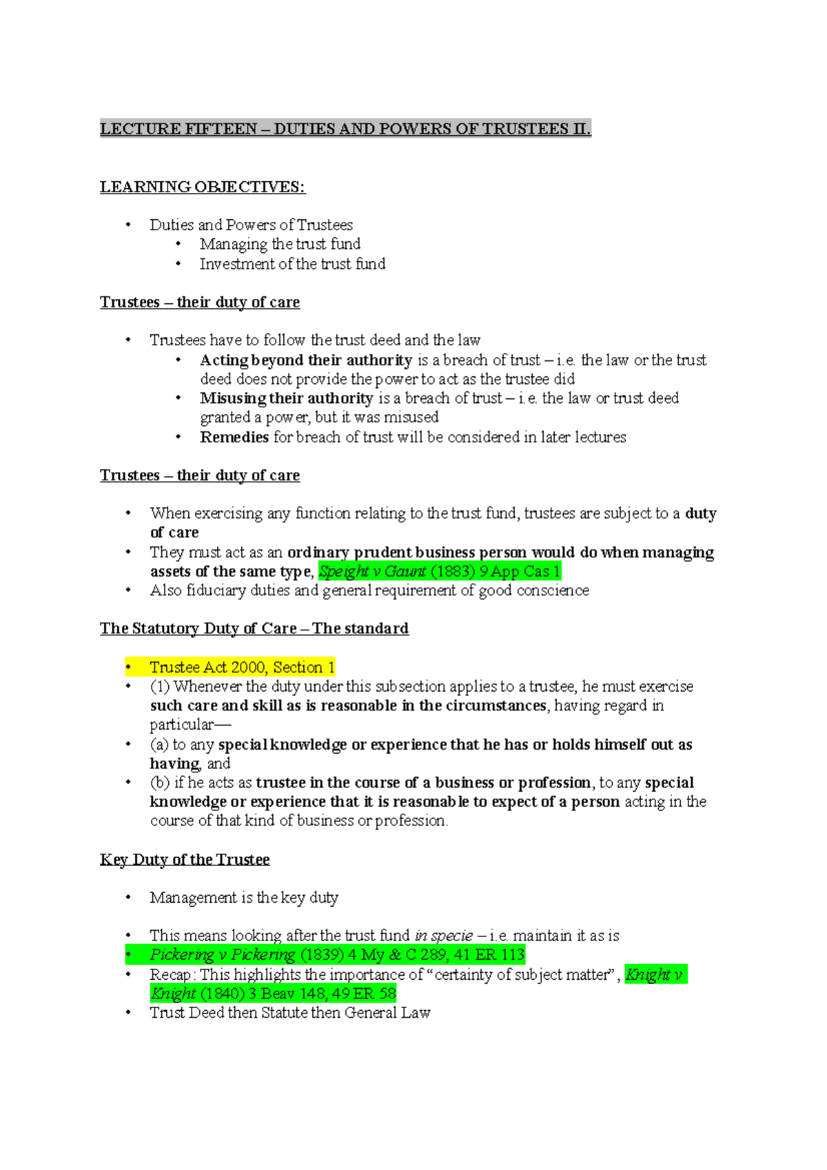 Equity and trusts - LECTURE FIFTEEN – DUTIES AND POWERS OF TRUSTEES II ...