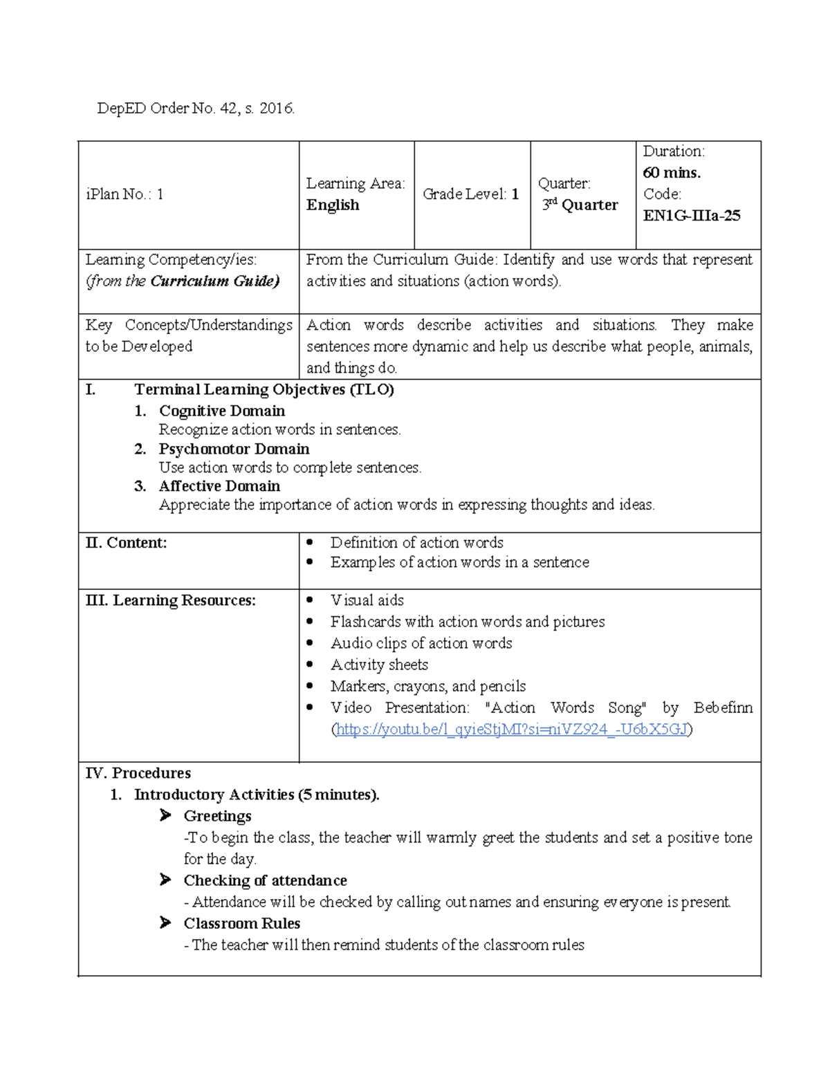 Final Lesson Plan: Action Words in English - Grade 1 (DepED Order No ...