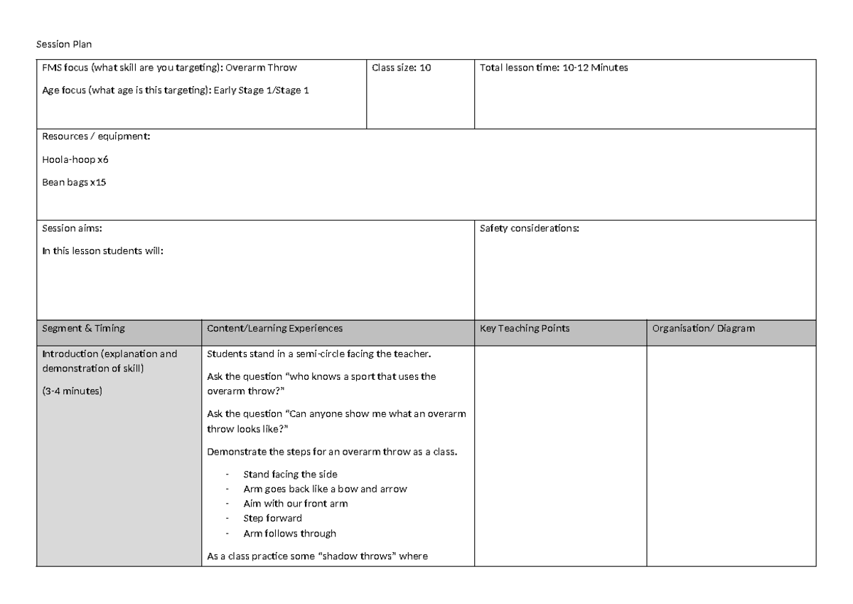 Assessment Task 1: Session Plan for Overarm Throw (FMS) - Studocu