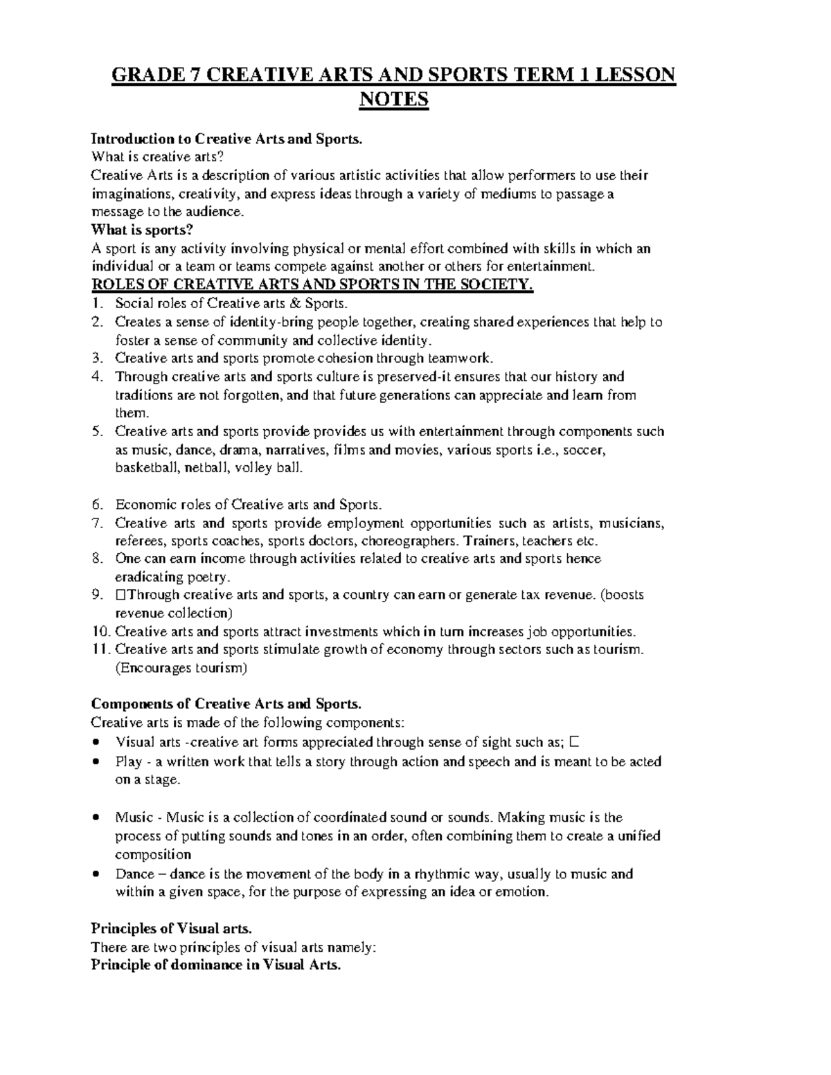 Grade 7 Creative Arts and Sports Lesson Notes Term 1 Summary - Studocu