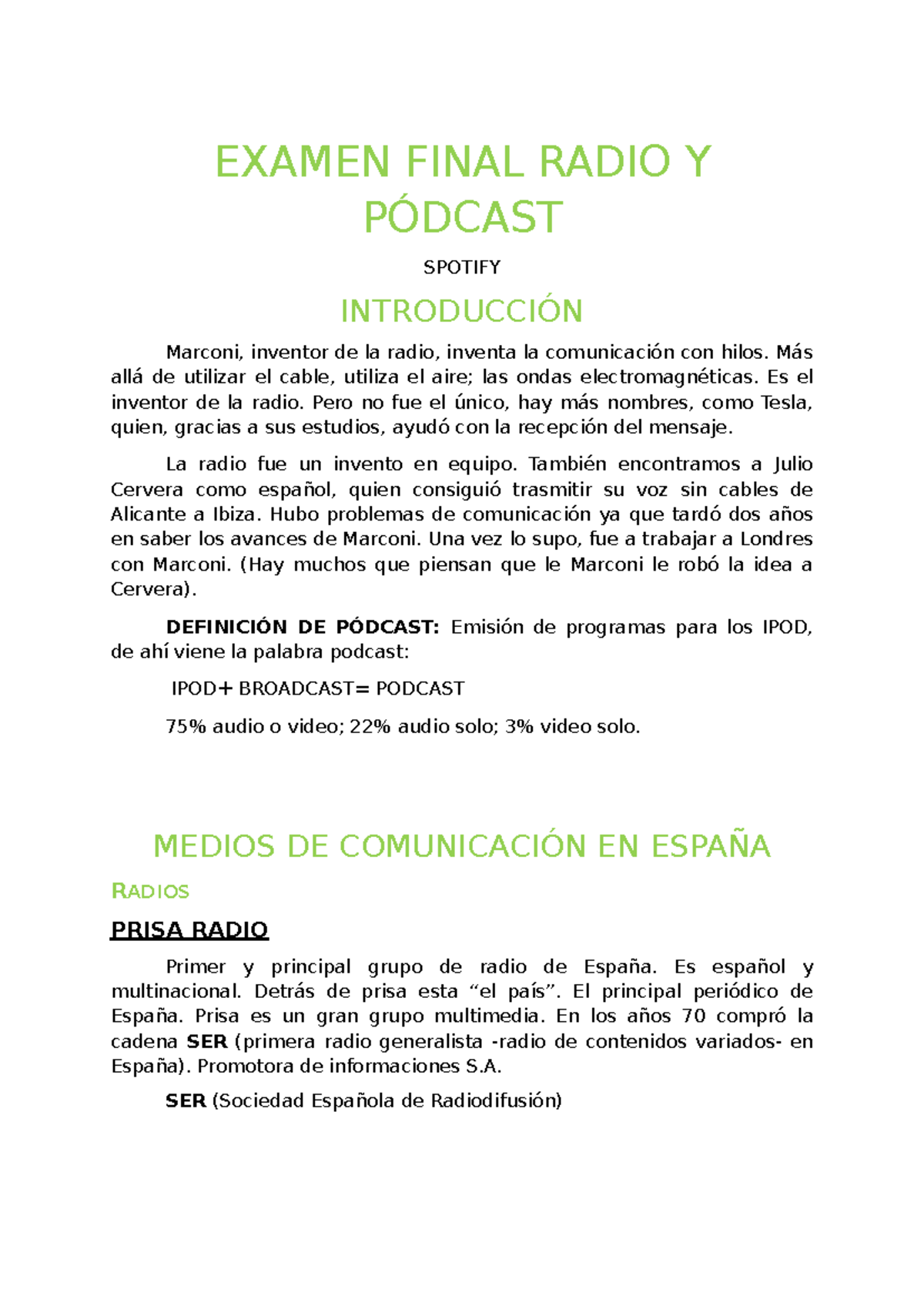 Examen Final: Radio y Pódcast - Historia y Evolución - Studocu