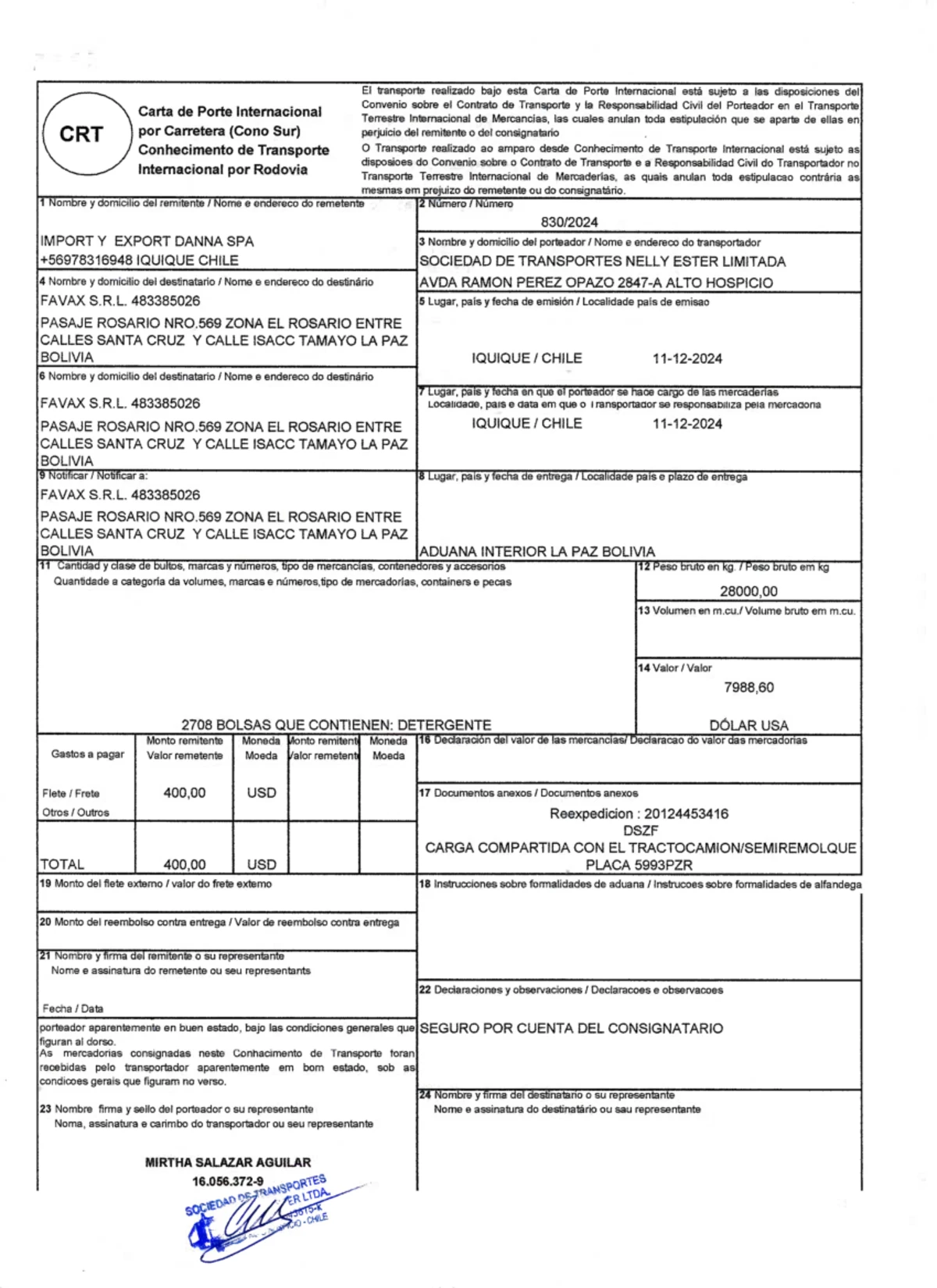 CRT 01016 - SXVVVVV - El Transporte realizado bajo esta Carta de Porte ...