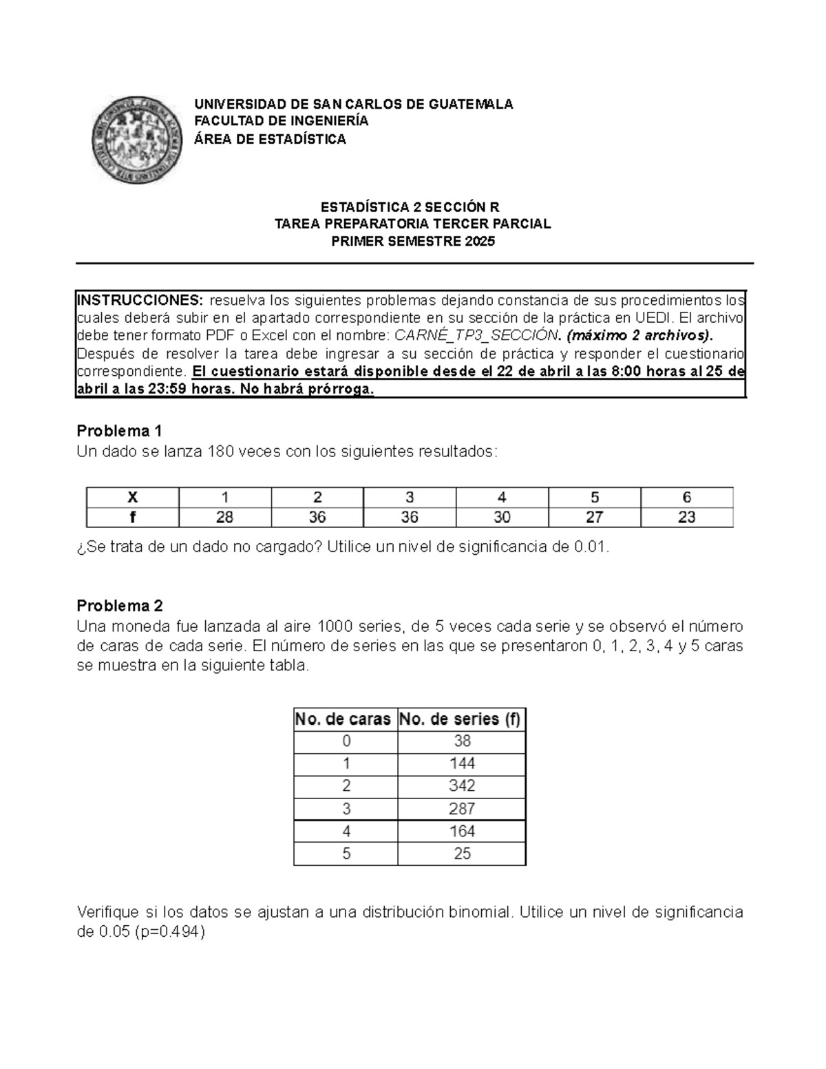 Tarea Preparatoria 3 - Estadística 2 Sección R Primer Semestre 2025 - Document Preview