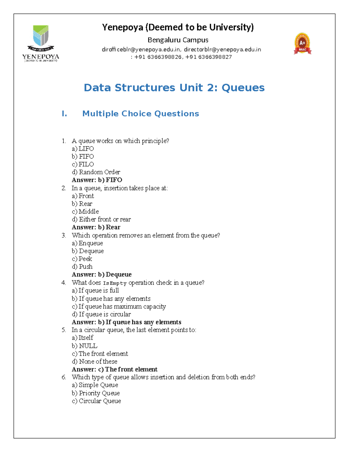 Data Structures (CS101) Unit 2: Queues & Linked Lists MCQs and Q&A ...
