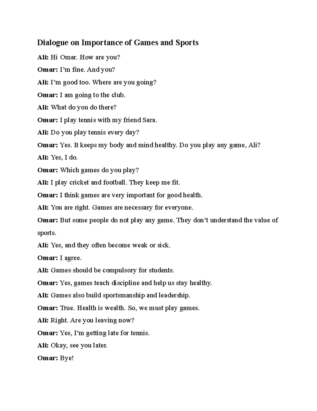 Dialogues on Importance of Games and Sports - ENG 101 - Studocu
