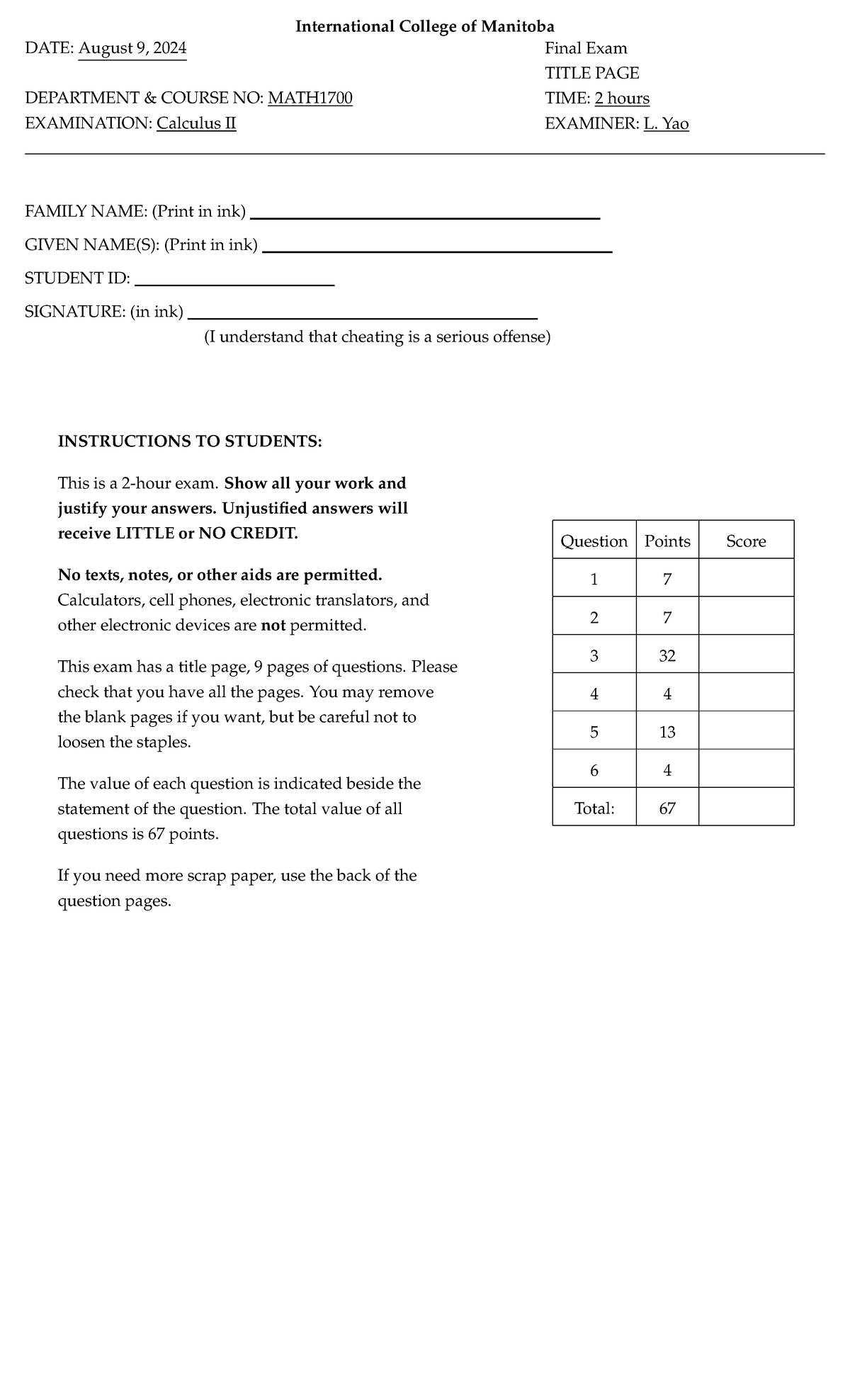 Final Exam Solutions for MATH1700 - Calculus II, Summer 2024 - Studocu