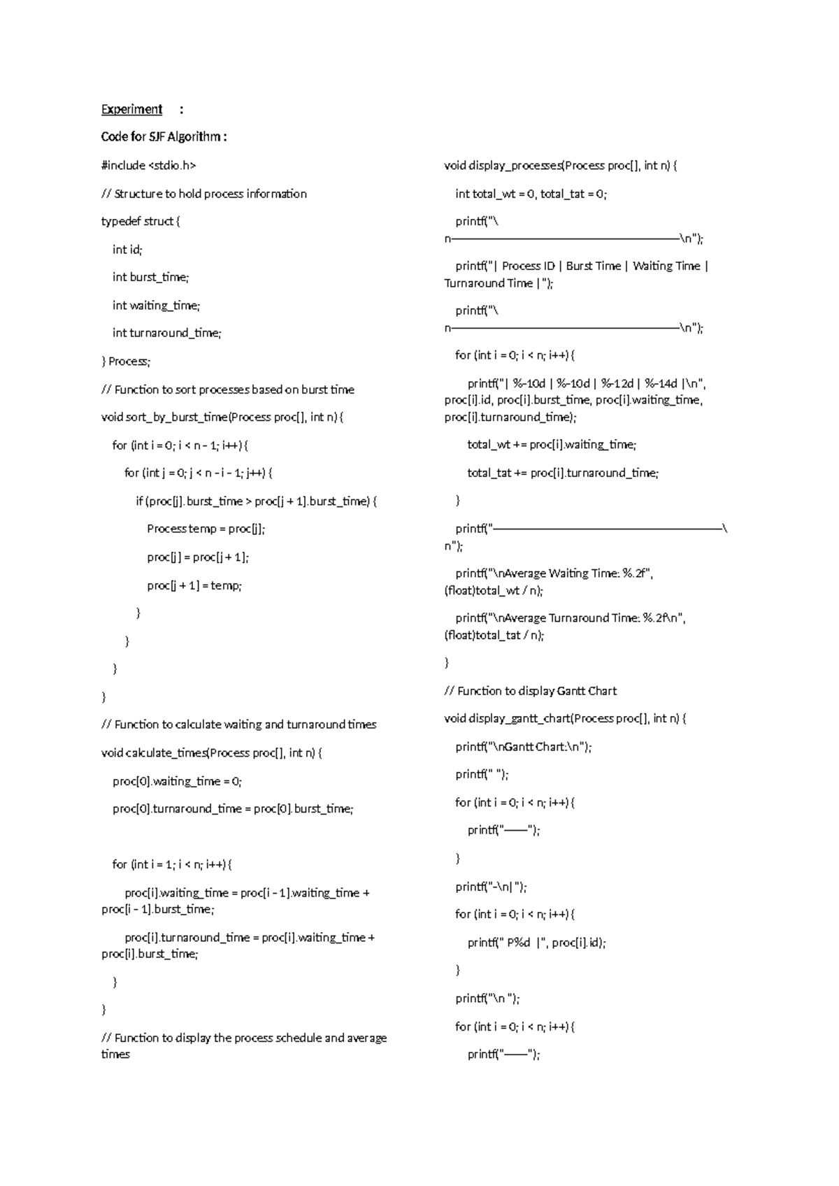 SPOS Experiment 6: SJF & FCFS Algorithm Code Implementation - Studocu