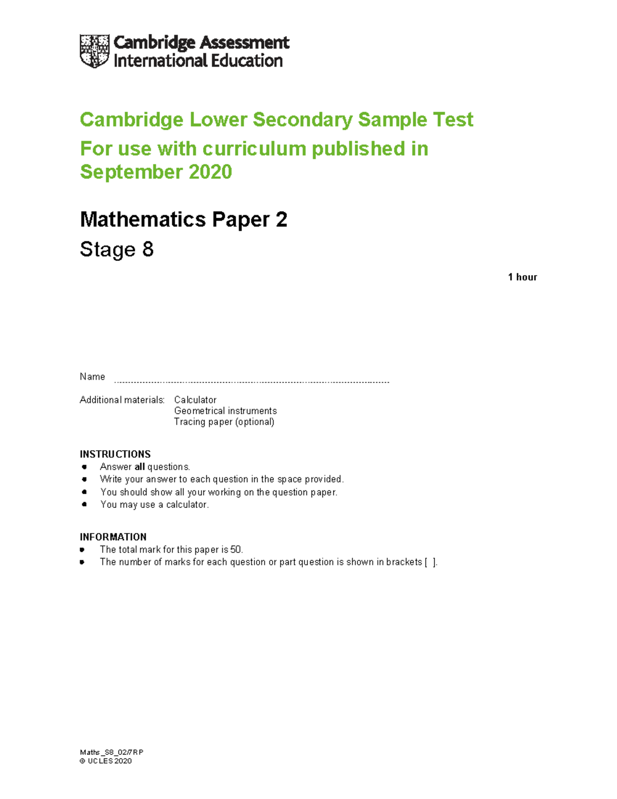Stage 8 Mathematics Paper 2 Sample Test 2020 - Studocu