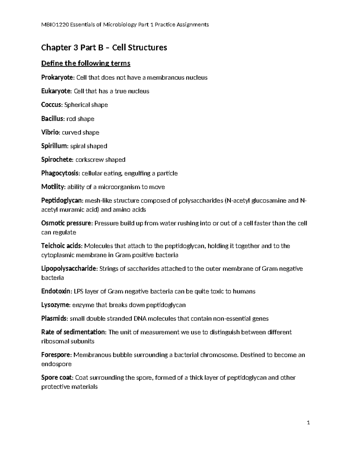 MBIO1220 Essentials of Microbiology Part 1 Chapter 3 Cell Structures ...