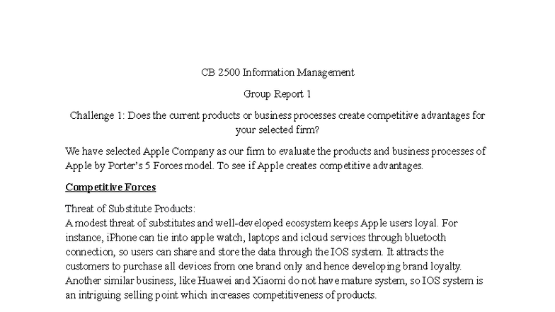 CB 2500 Interim Group Report 1: Competitive Advantage Analysis of Apple ...