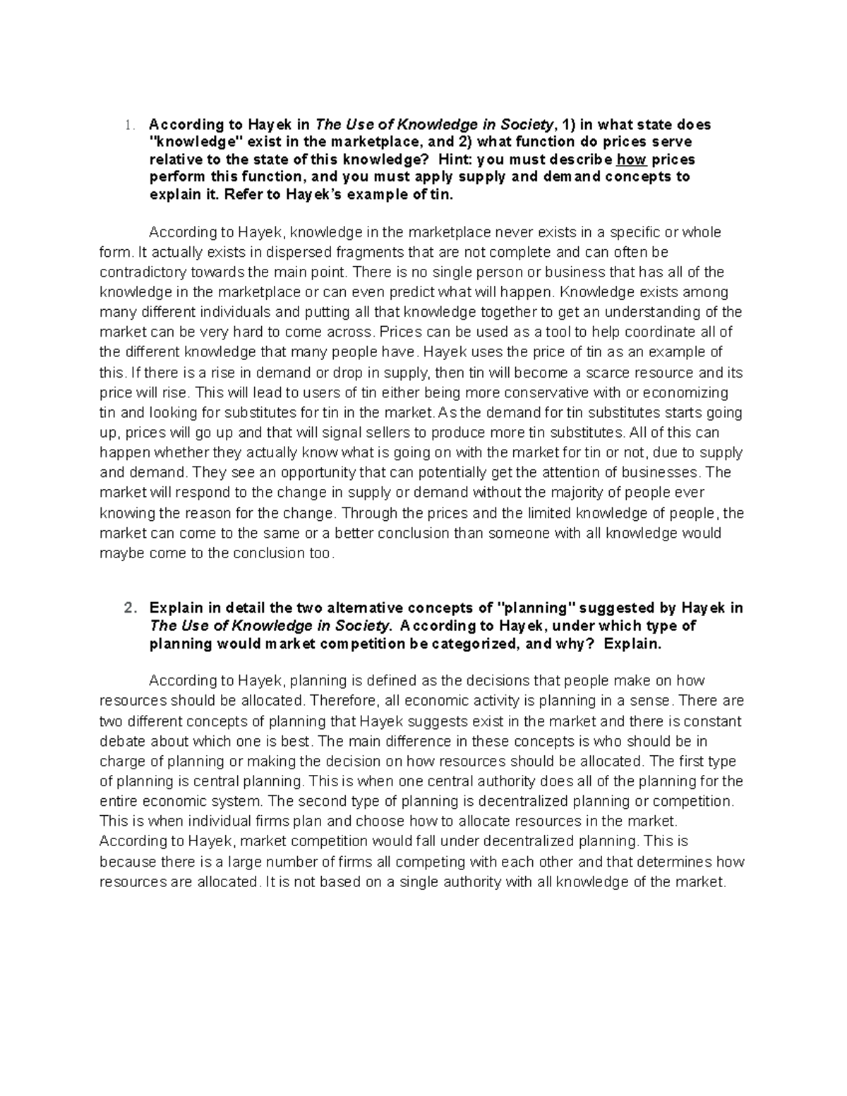 Micro Exam 2: Hayek's Concepts of Knowledge and Market Planning - Studocu