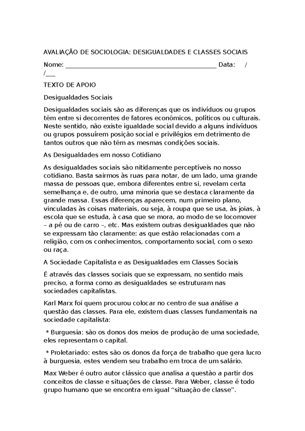 Avaliação de Sociologia: Desigualdades e Classes Sociais - 3º Ano EM ...