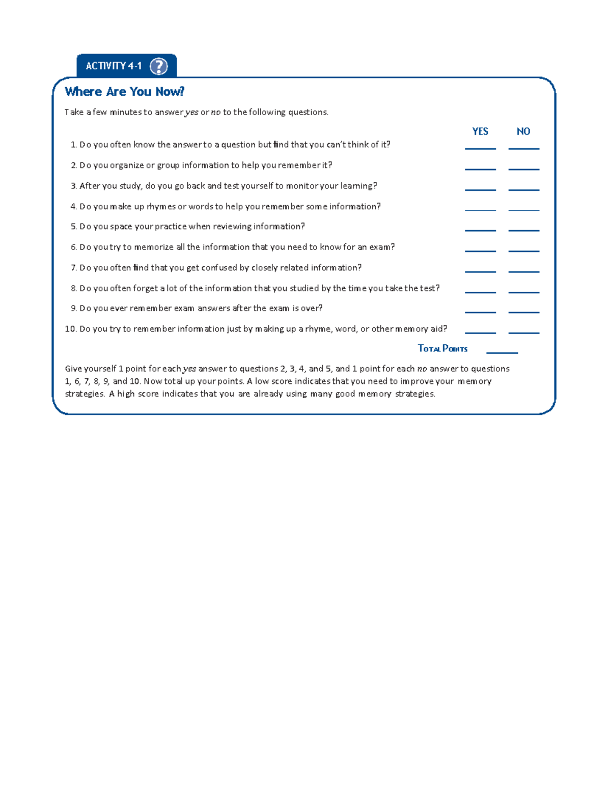 ACTIVITY: Memory Strategies Assessment - Appendix 7 - Studocu