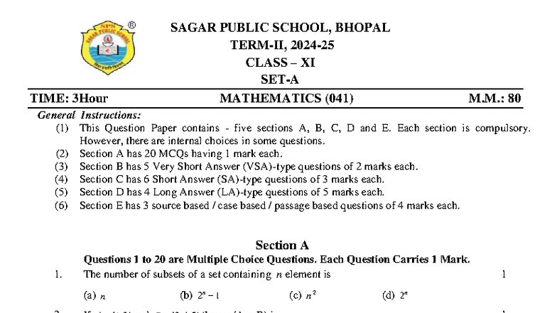 Class XI Mathematics (041) Final Exam Question Paper - 3 Hours - Studocu