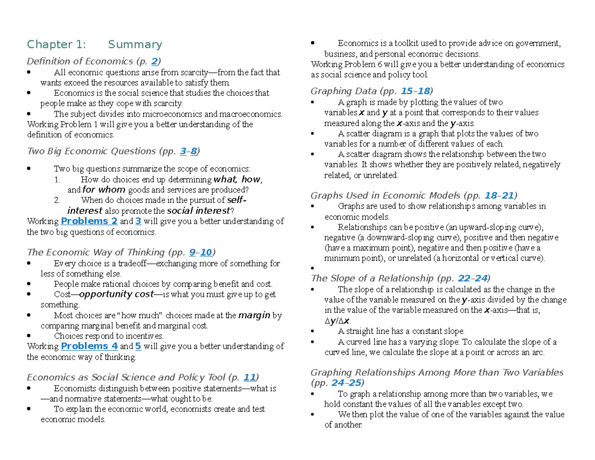 Macroeconomics (ECON 248) Key Notes - Chapter 1: Summary Definition of ...