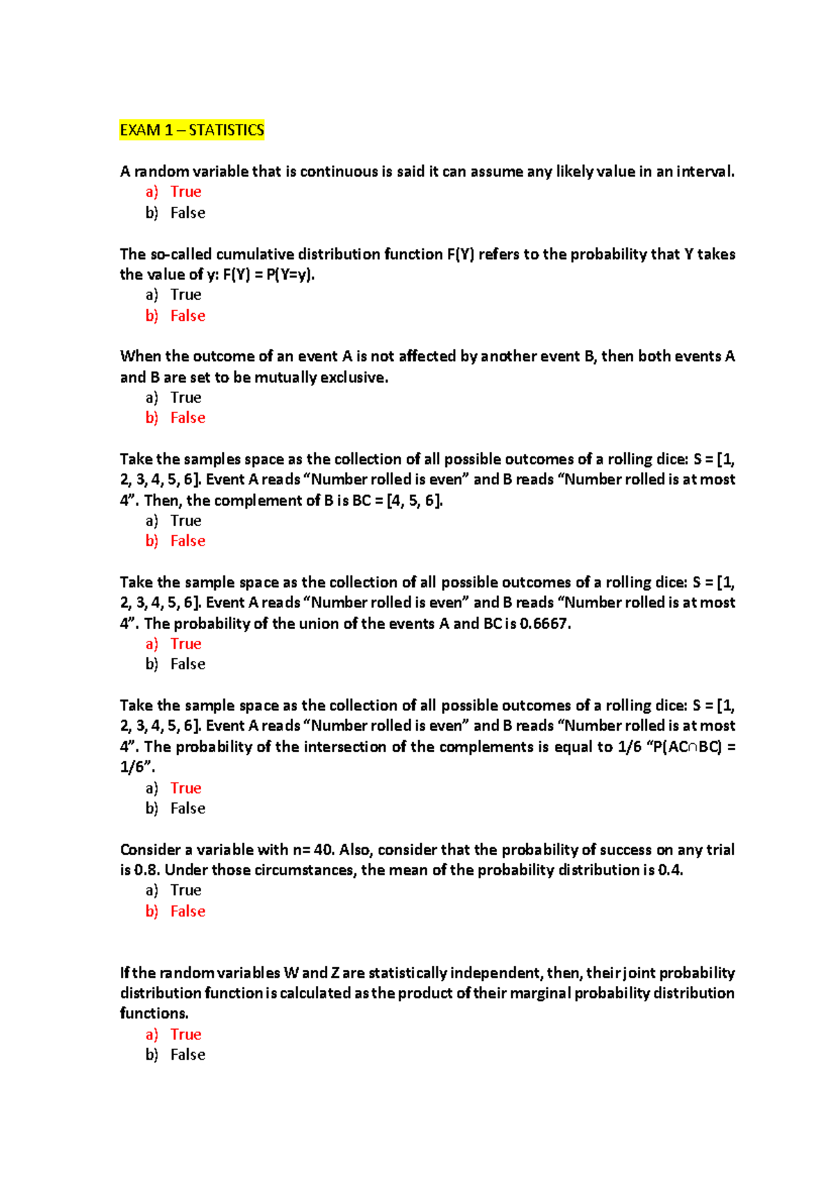 EXAM 1 - STATISTICS (Course Code: STATS) on PROBABILITY Topics - Studocu