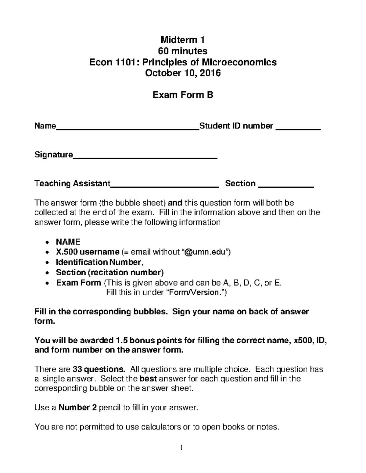 Midterm Exam 1 Review: Econ 1101 Principles of Microeconomics Form B ...