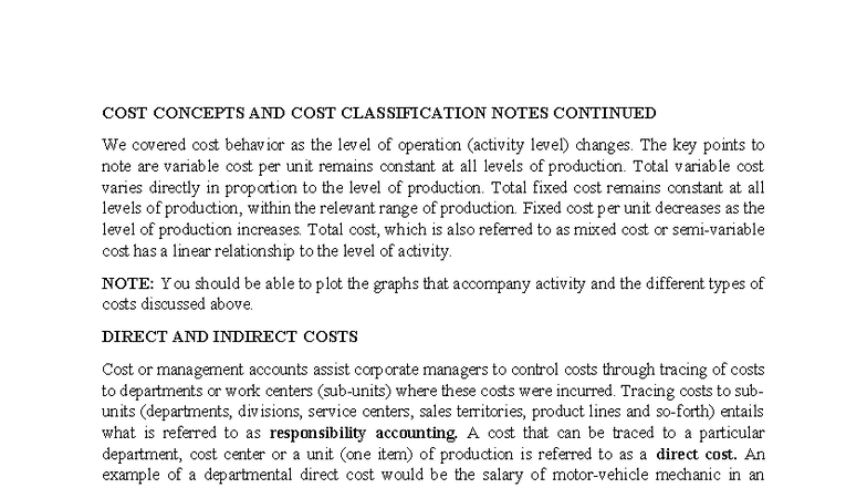 COST 101: Cost Concepts and Classification Notes for Exam Prep - Studocu
