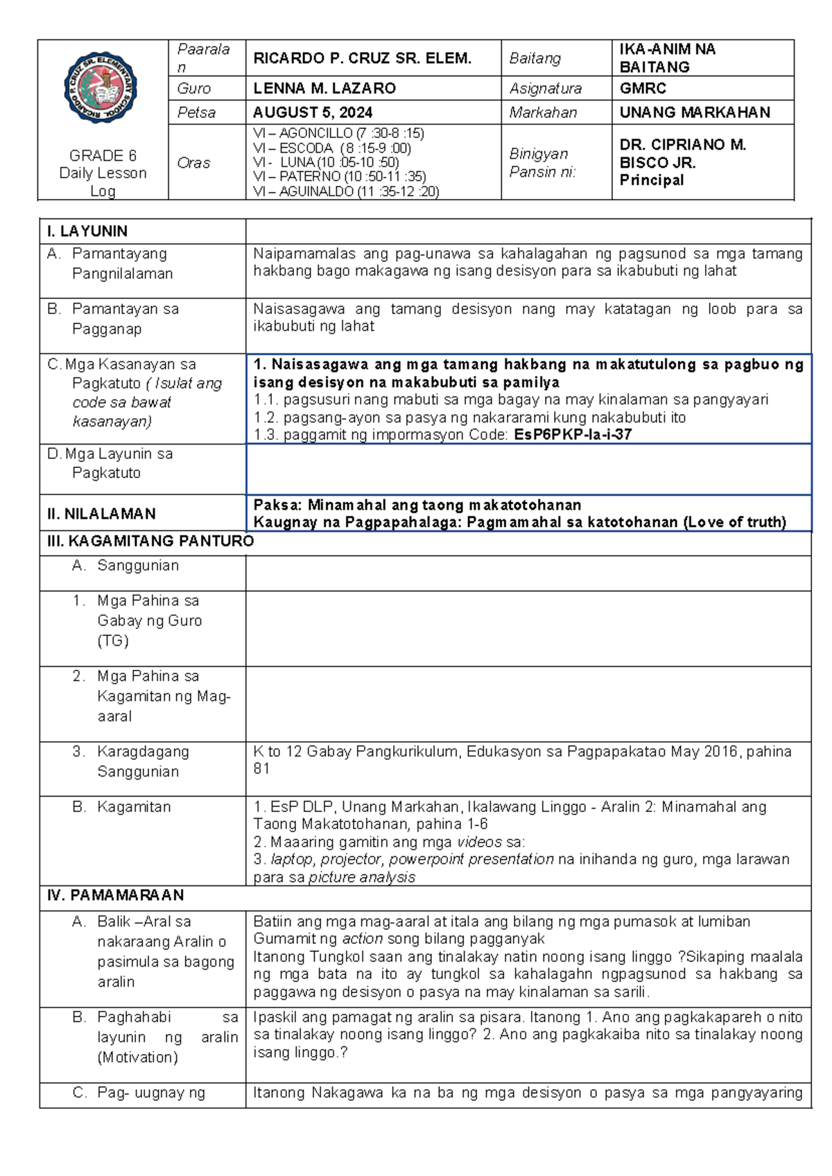 ESP6 Q1 W2 D1 - DAILY LESSON LOG FOR GRADE 6 GMRC - Studocu
