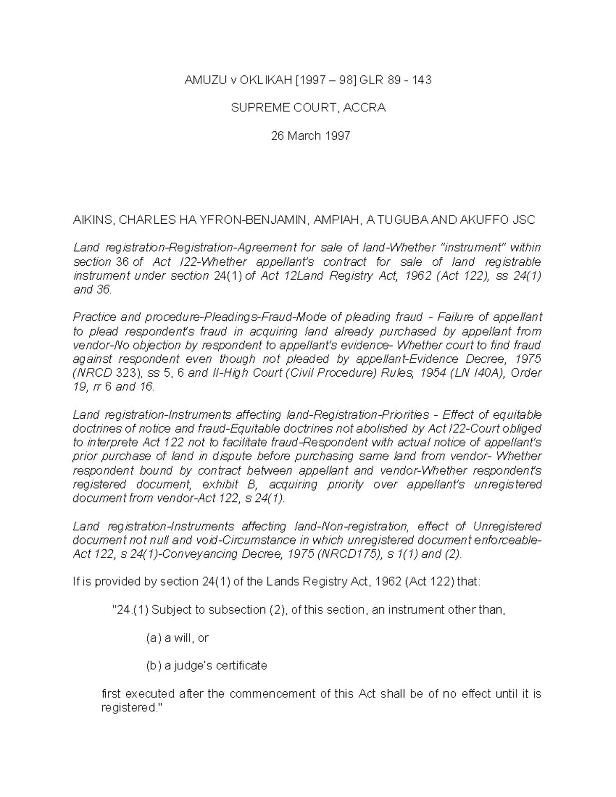 Amuzu v Oklikah: Supreme Court Ruling on Land Sale Dispute (1997) - Studocu