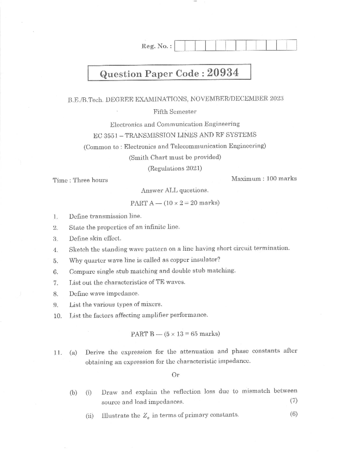 EC3551 - Transmission Lines and RF Systems R2021 - 2023 Nov - Reg. No ...