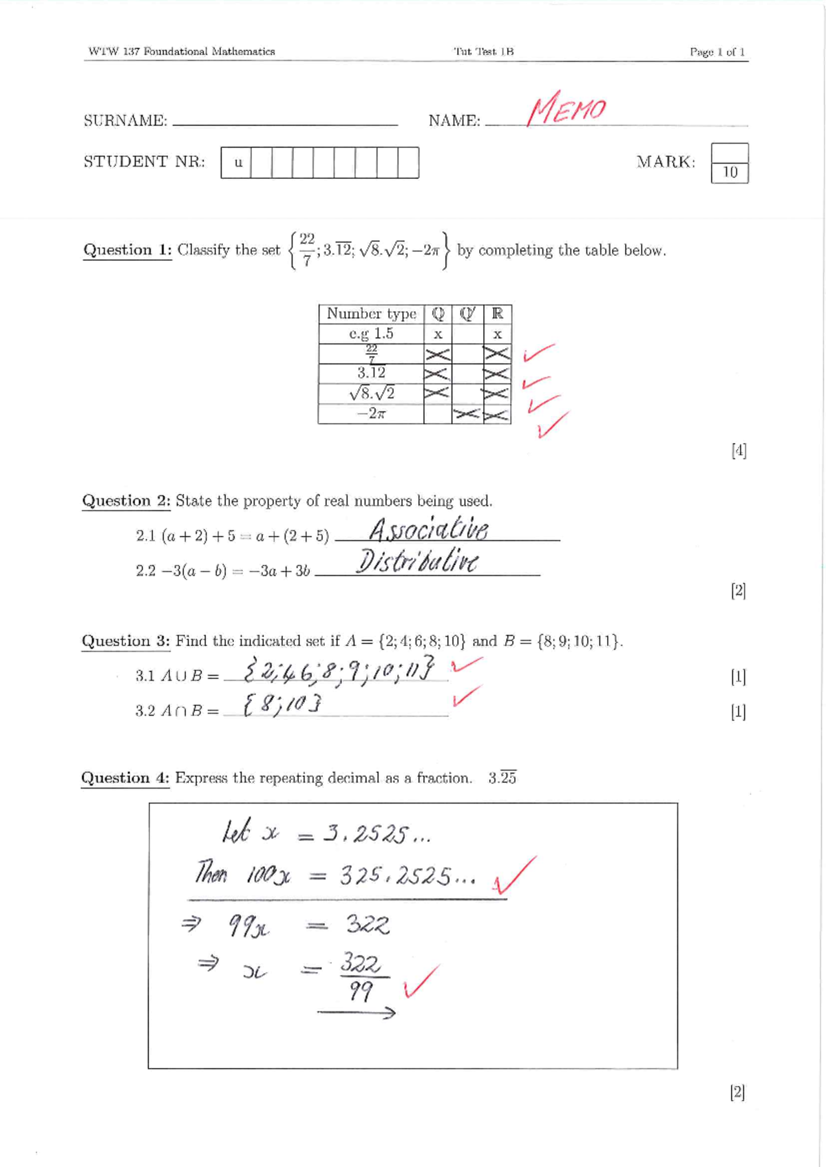 WTW 137 Math Tut Test 1B Memo and Solutions - Studocu