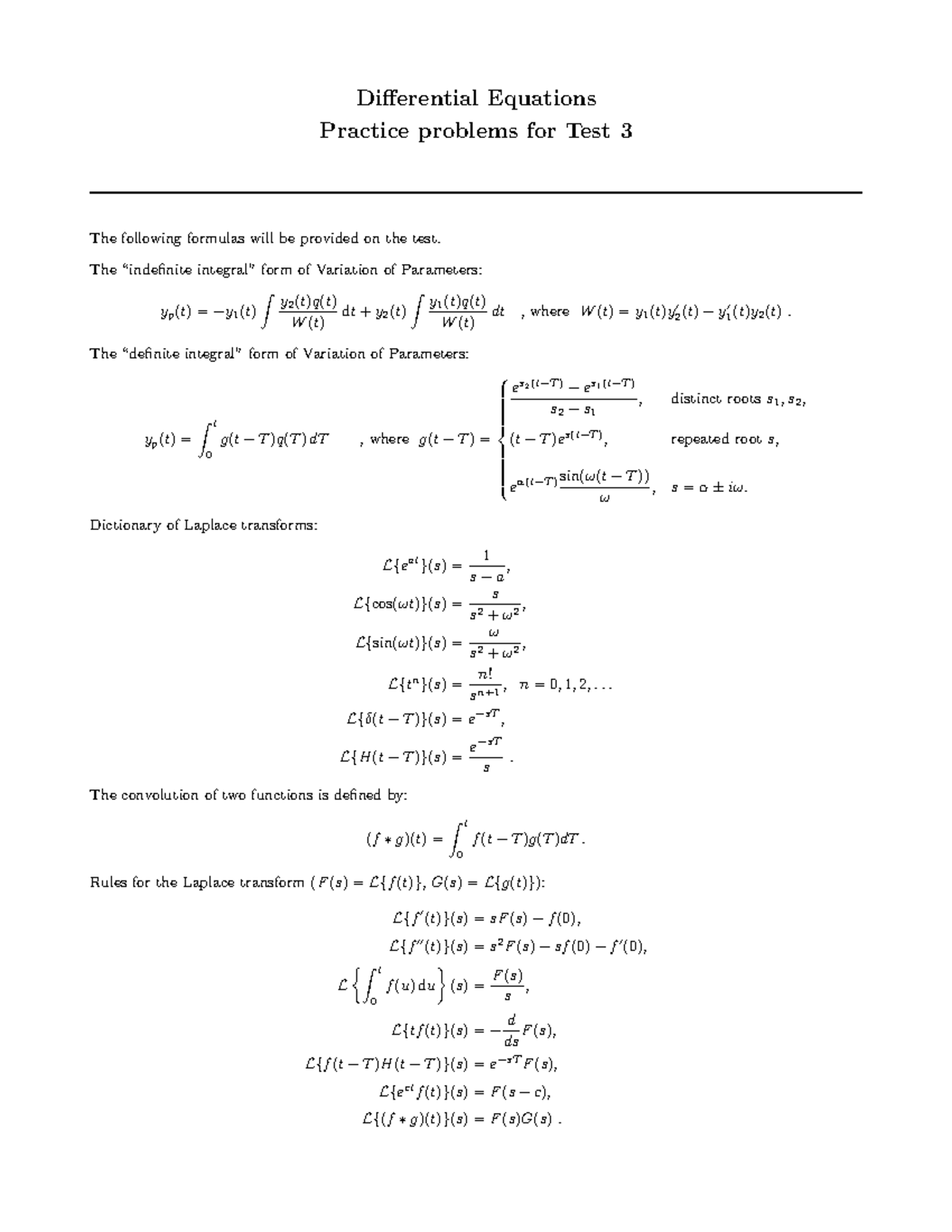 Differential Equations Practice Problems for Test 3 (Fall 2022) - Studocu