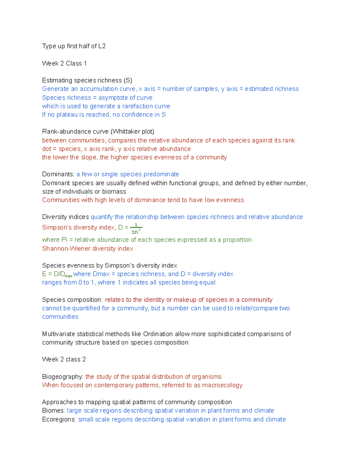 Biol 353 - Week 2 Class Notes: Species Richness & Biogeography - Studocu